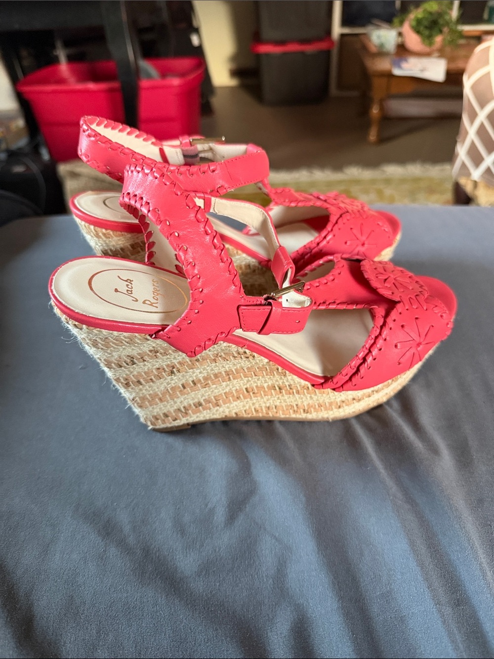 Jack Rogers medallion Coral Orange T-strap wedge sandals Size 9 - Picture 2 of 5